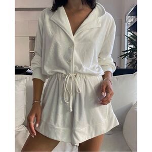 Danielle Bernstein WeWoreWhat Terry Cloth Towel Knit Romper Long Sleeve in White